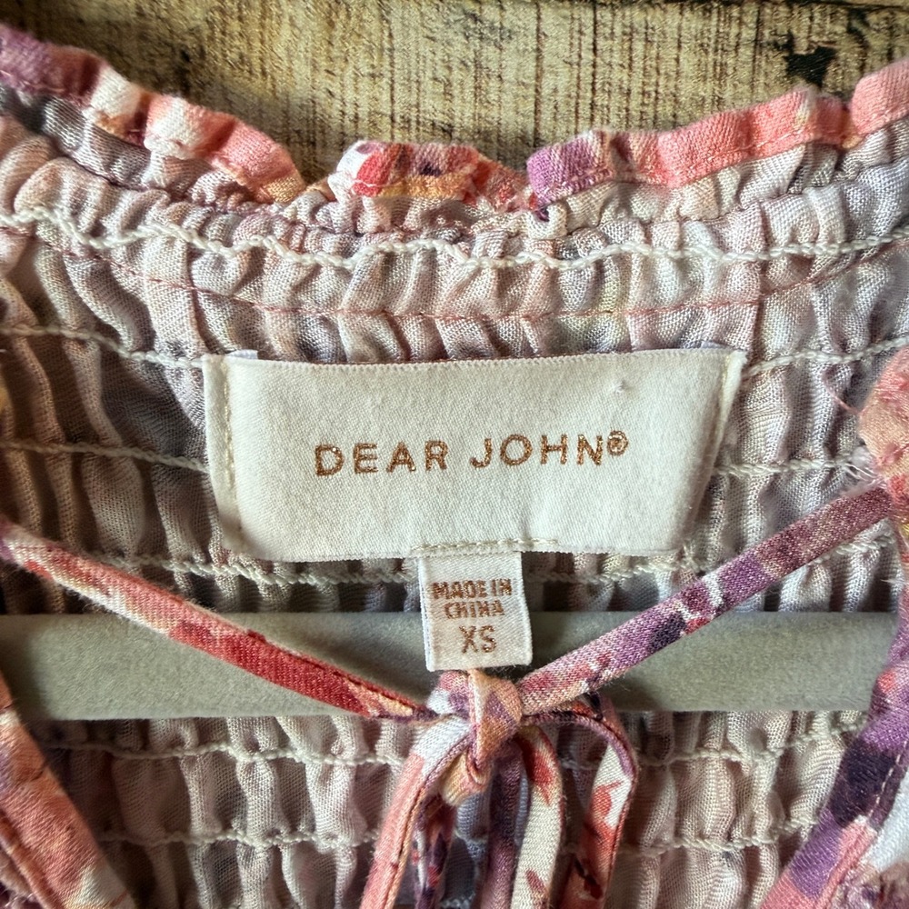 Dear John Pink‎ Floral Tiered Mini Dress XS Smocked Cottagecore - Picture 3 of 16